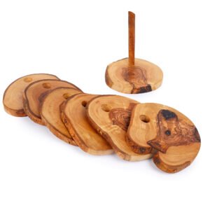 Natural Olive Wood rustic coaster Set with Stand